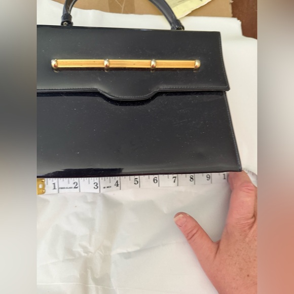 Vintage 1950s Crown Lewis Navy Patent Leather Bag with Gold Detail - Picture 9 of 12